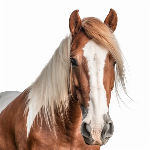 Magnificent brown and white horse head, hyper realistic with a magnificent mane, the front look, majestic horse, plain white background, minimalist, v5, 8k.