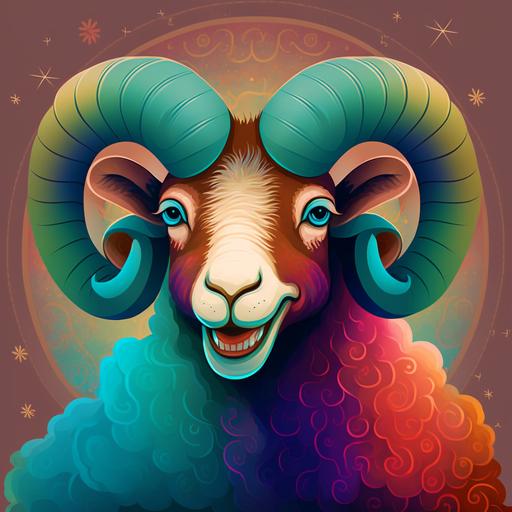 astrological sign of the smiling ram, cartoon style, ultra high definition, realistic, multicolor background