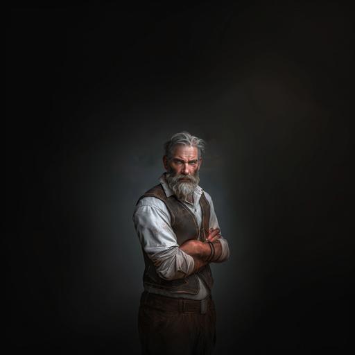 46 year old man, he has a greying beard and hair, piercing blue eyes, face stoic and grim, he’s wearing a tweed vest with a dress shirt and rolled up sleeves, he’s tough. Full body, 4K, detailed --v 6.0