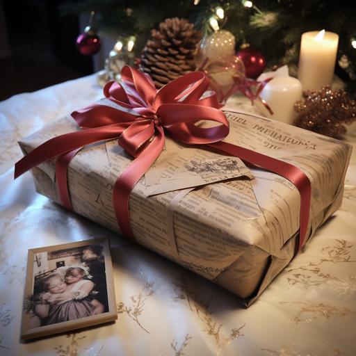 a christmas present wrapped in newspaper and with a card on it that reads to mummy from daughter