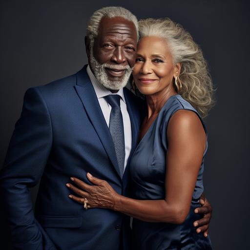 An beautiful older women age 75 looks younger, dressed impeccably, with flawless makeup, smiling, flowing grey hair, full body, no deformity, looking seductively into the eyes of an extremely handsome senior black man with great hair and beard nicely appointed,dresses in a navy fitted suit , which is buttoned with his top check body peeking through slightly For a sexy look. They are walking hand in hand as the evening is winding in, both smiling , background subject silhouette of New York City famous cites --v 5.2 --style raw