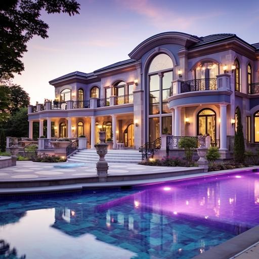 a purple dreamhouse, mansion, pool, big enterance, big driveway
