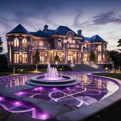 purple dreamhouse, mansion, fountain, big driveway