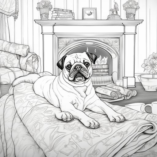 black and white coloring page, pug laying in bed with fire place in background