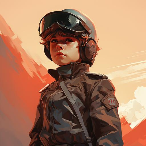 Young soldier boy with a round soldier hat, transparent in appearance, retro cyberpunk style, quarter view full body shot (illustration)