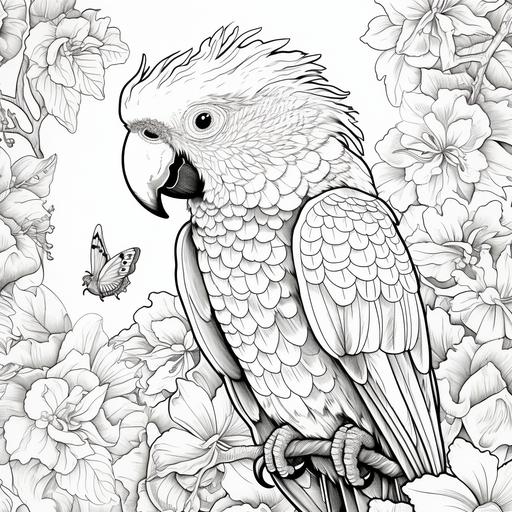 coloring page, brazilian parrot, flowers, cartoon disney styles, black and white, thin lines, low detail, no shading
