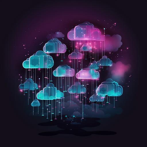 a graphic image with thin lines with a gradient from turquoise to purple a cloud image consisting of networks, glowing cubes fly around the cloud