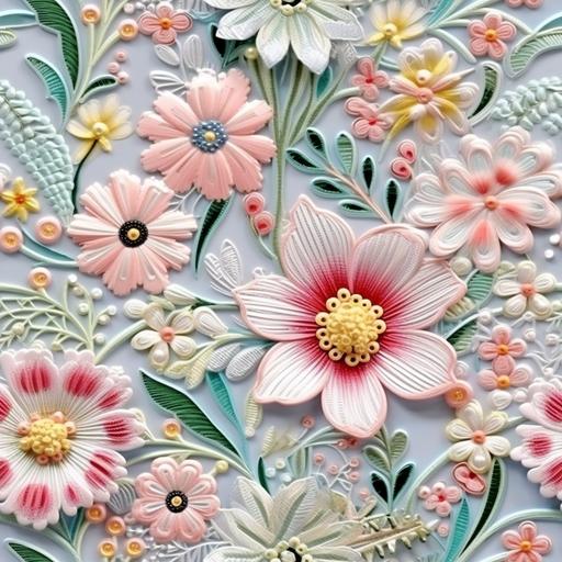 3d embroidery realistic dainty floral spring design, vintage , cottage core, boho, pastel colors --tile