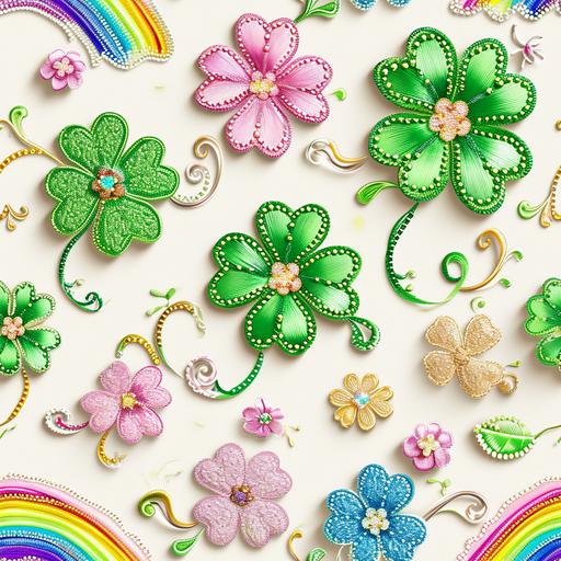 3d embroidery seamless design four leaf clover, shamrocks for saint Patrick’s day , rainbows , glitter , girly and cute --tile --v 6.0