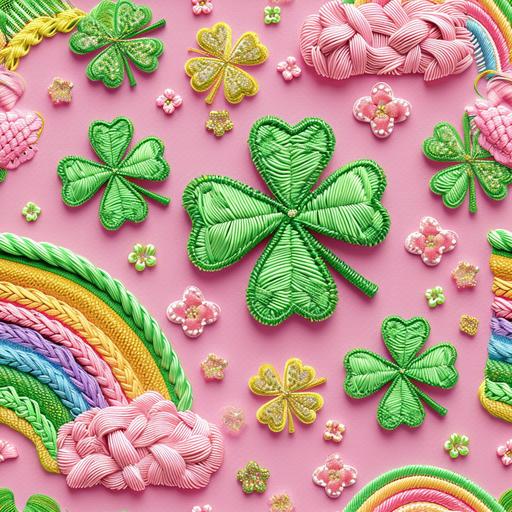 3d embroidery seamless design four leaf clover, shamrocks for saint Patrick’s day , rainbows , glitter , girly and cute --tile --v 6.0