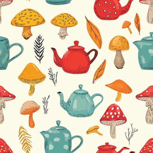 teapots and mushrooms cartoon handdrawn --tile --v 6.0