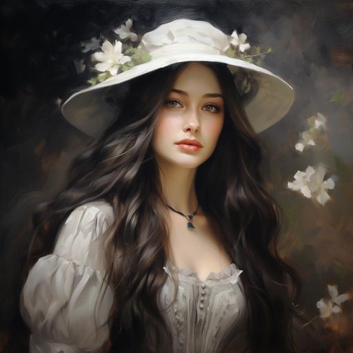 oil painting of a beautiful young lady with long hair, period style black and white dress and jewellery, hat with white flowers and leaves, French Provance, close up