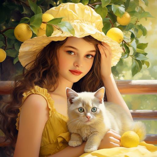 oil painting of a cute french girl sitting ons a french style outdoor bench under a lemon tree, holding a white burmese kitten and a lemon blossoms, French Provance, period style yellow dress and hat, long dark hair, beautiful eyes and face, close up