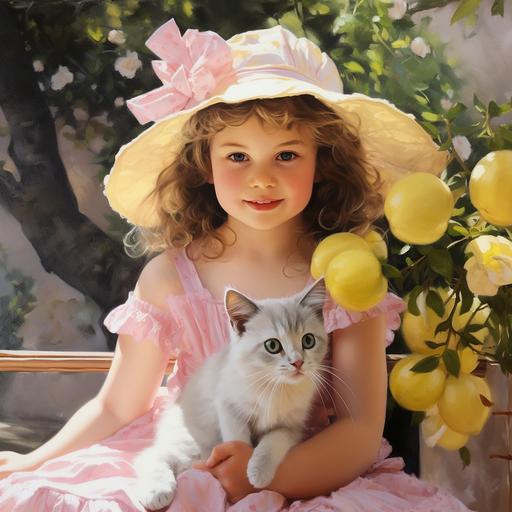 oil painting of a little smiling french girl sitting on a outdoor bench under a lemon tree, holding a white burmese kitten, French Provance, period style pink dress, pretty hat with pink bow, pink roses, lemons, long dark curly hair, beautiful eyes and face, close up