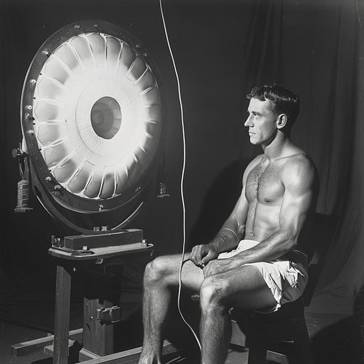black and white aged photo from 1930 of hunky man in shorts sat under an early stell looking prototype of sun lamp with mad inventor looking on