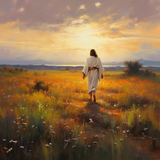 Jesus Christ walking in a pastoral field at sunset, oil painting, impressionistic