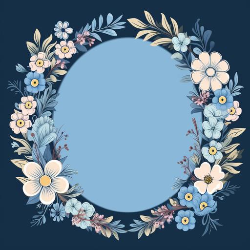 light blue folk art flowers surround an empty oval space, keep the oval empty, flowers border the space.