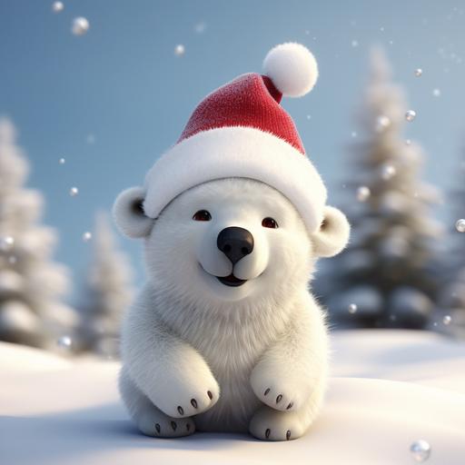 cute polar bear smiling 3D with xmas hat