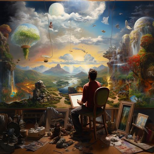 painter paiting oil on canvas in art studio surrounded with clouds, animals, creatures, balloons, ducks, dogs, cats, trees