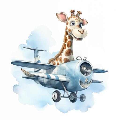 cartoon plane with a girraffe in it in a watercolor style, pencil drawing style, soft blue colors, scribble illustration, digital painting, white background, ar 4:3