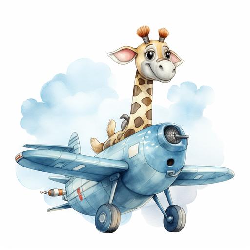 cartoon plane with a girraffe in it in a watercolor style, pencil drawing style, soft blue colors, scribble illustration, digital painting, white background, ar 4:3