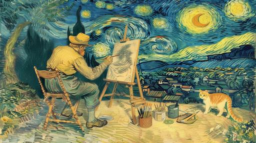 Vincent van Gogh's back as he sits on a small chair, painting a landscape on a canvas mounted on an easel, with art supplies nearby, and a yellow and white cat strolling past, set against a white background in an oil painting style. Keywords: Van Gogh, small chair, easel, canvas, landscape, art supplies, yellow and white cat, white background, oil painting. Opt for a medium camera angle to capture the intimacy of the scene, a small aperture for depth, a standard lens for realism, and warm, vibrant colors to reflect the oil painting style. --ar 16:9 --sref