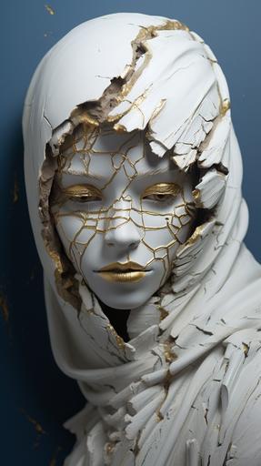 cyber punk girl wearing shemagh scarf around neck, 3d plasticine all white, relief art, coming out of wall,cracks filled with gold kintsugi style , dramatic lighting --ar 9:16