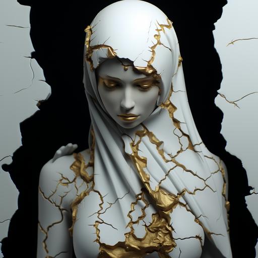 cyber punk girl wearing shemagh scarf around neck, 3d plasticine all white, relief art, coming out of wall,cracks filled with gold kintsugi style , dramatic lighting