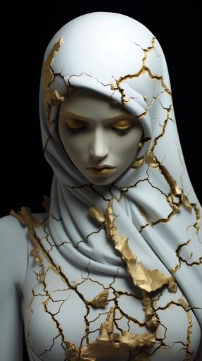 cyber punk girl wearing shemagh scarf around neck, 3d plasticine all white, relief art, coming out of wall,cracks filled with gold kintsugi style , dramatic lighting --ar 9:16