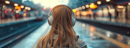 girl listening to music on her white headphones on a train platform --v 6.0 --ar 8:3