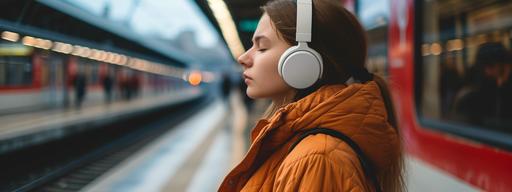 girl listening to music on her white headphones on a train platform --v 6.0 --ar 8:3