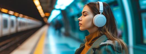 woman listening to music on her white headphones on a train platform --v 6.0 --ar 8:3