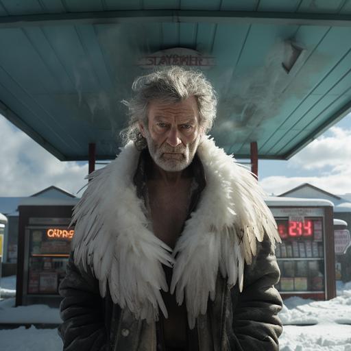 identical middle aged man, ultra hyper realistic, bad angel, background old gas station, snowy, divine light