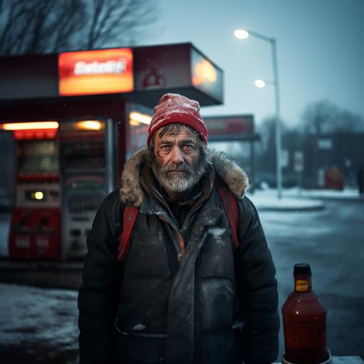 identical middle aged man, ultra hyper realistic, bad angel, background old gas station, snowy