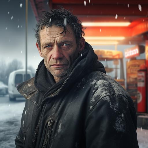 identical middle aged man, ultra hyper realistic, bad angel, background old gas station, snowy, divine light