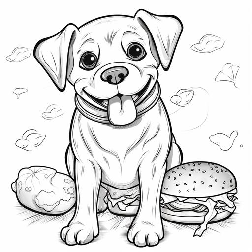 coloring page for kids, Hamburger , cartoon style, thick line, low details no shading, with dog