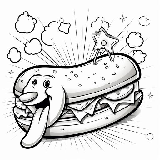 coloring page for kids, Hot dog , cartoon style, thick line, low details no shading,