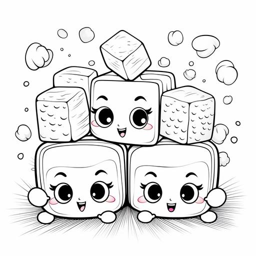 coloring page for kids, Marshmallows, cartoon style, thick line, low details no shading, cute, happy