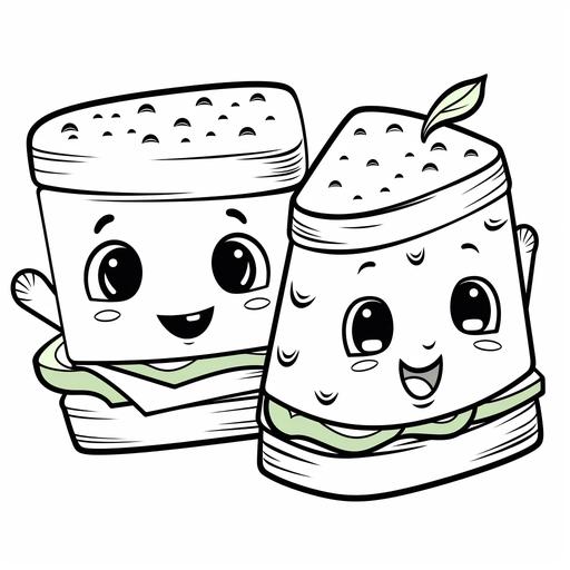 coloring page for kids, Mini Sandwiches, cartoon style, thick line, low details no shading, cute, happy