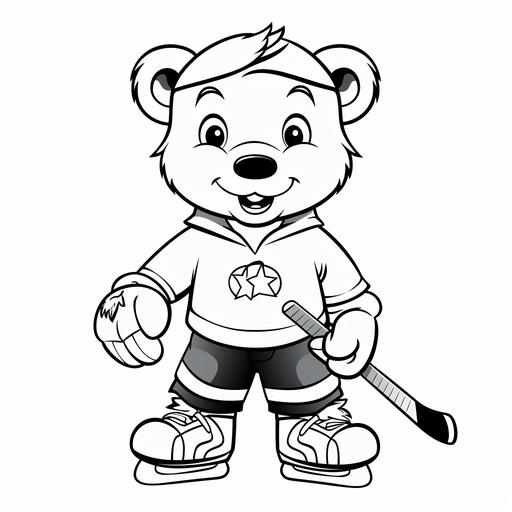 coloring page for kids, bear plays Ice Hockey , cartoon style, thick line, low details no shading, cute, happy, simple, smile,