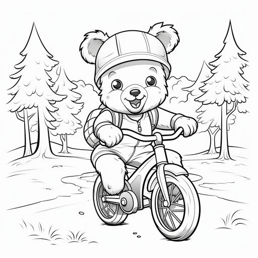 coloring page for kids, bear plays biking , cartoon style, thick line, low details no shading, cute, happy, simple, smile,