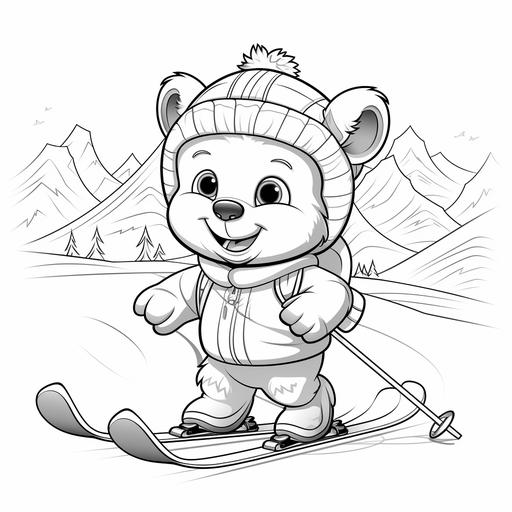 coloring page for kids, bear plays skiing , cartoon style, thick line, low details no shading, cute, happy, simple, smile,