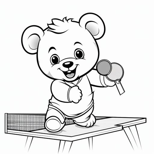 coloring page for kids, bear plays table Tennis , cartoon style, thick line, low details no shading, cute, happy, simple, smile,