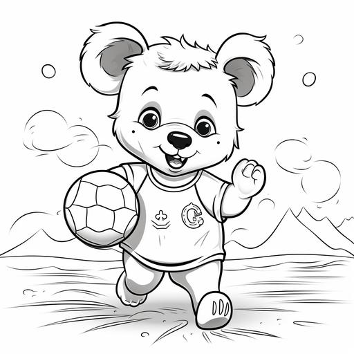 coloring page for kids, bear plays volleyball , cartoon style, thick line, low details no shading, cute, happy, simple, smile,