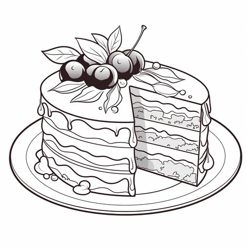 coloring page for kids, chocolate cake , cartoon style, thick line, low details no shading, cute