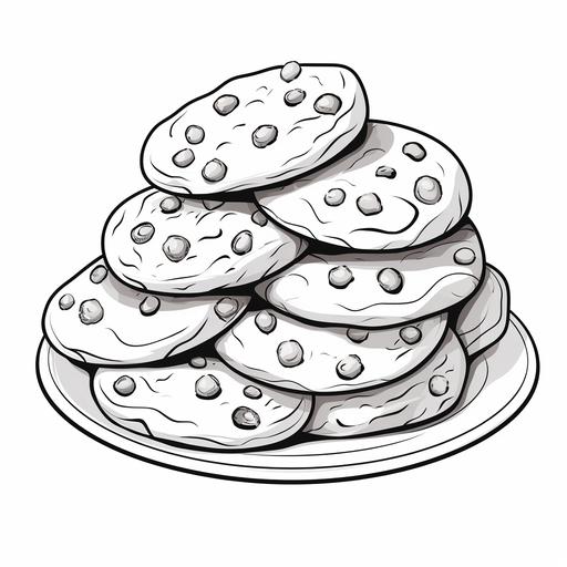 coloring page for kids, chocolate chip cookies , cartoon style, thick line, low details no shading,