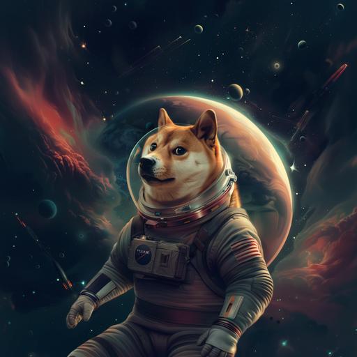 a doge with space helmet exploring the apace