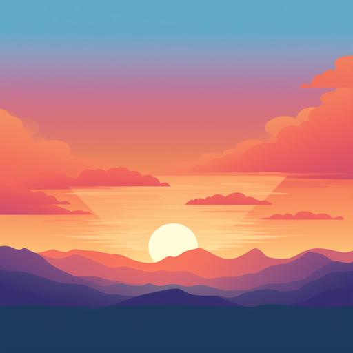Flat design with simple shapes, sunset, pastel colors, blue, orange, red and purple, no background, American plan, no details and no shadows