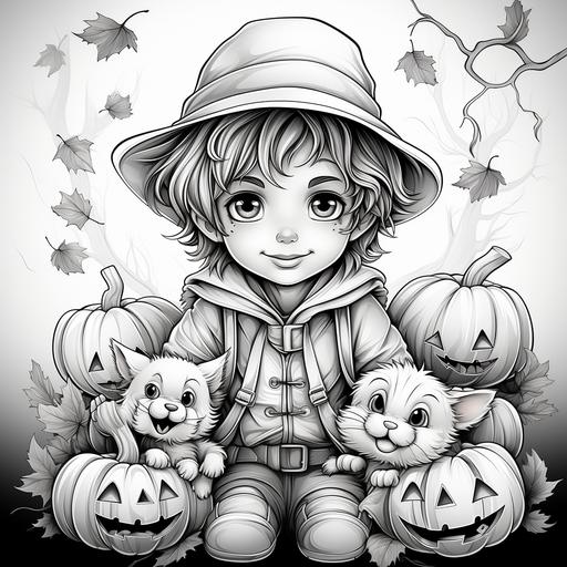 coloring book page for adults, no shading, thick lines, pretty kids trick or treating, pumpkins, black and white , scarecrow, --s 750 --v 5.2