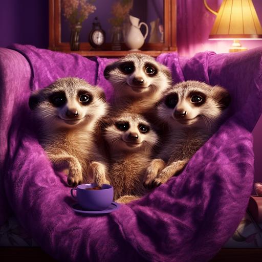 3 cute meerkats sitting in a cozy cute living room on a violet sofa, in a warm atmosphere, snuggled together, smiling happily, photorealistic style